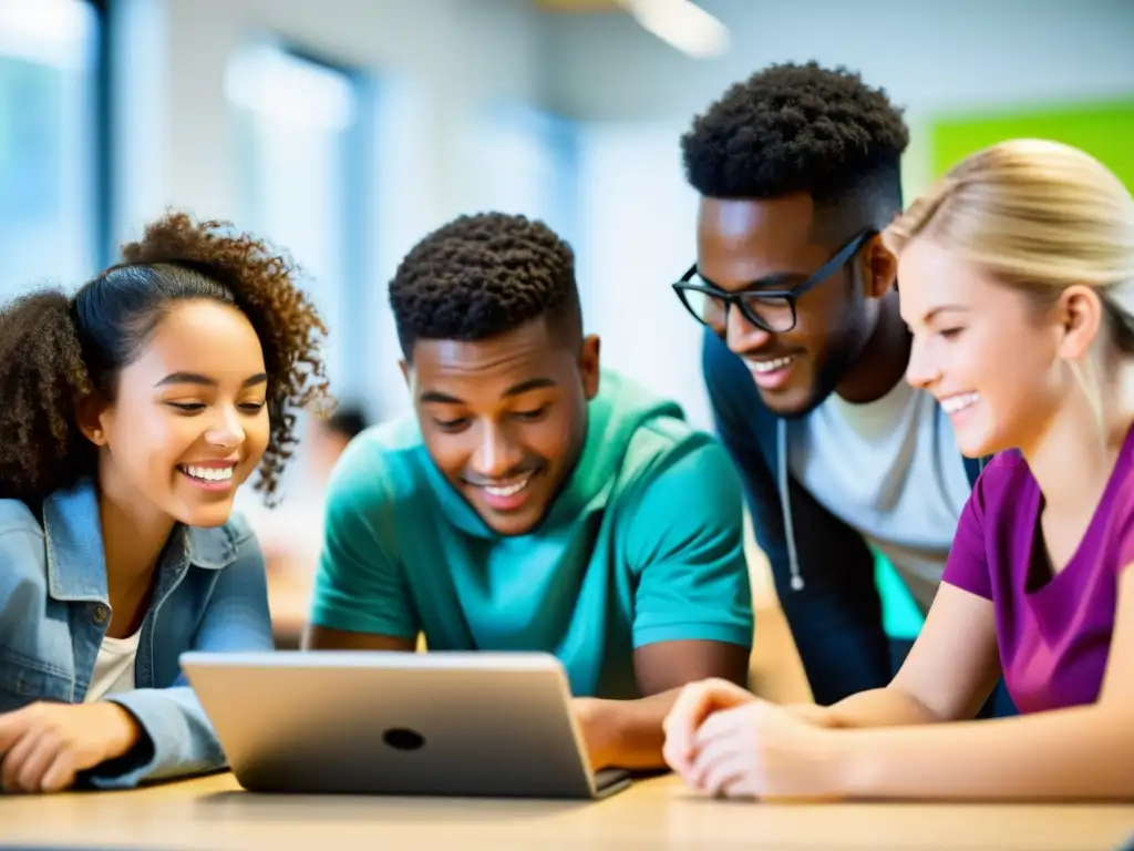 Grupo diverso de estudiantes participando activamente en actividades de aprendizaje colaborativo con tablets y laptops en un aula moderna y luminosa