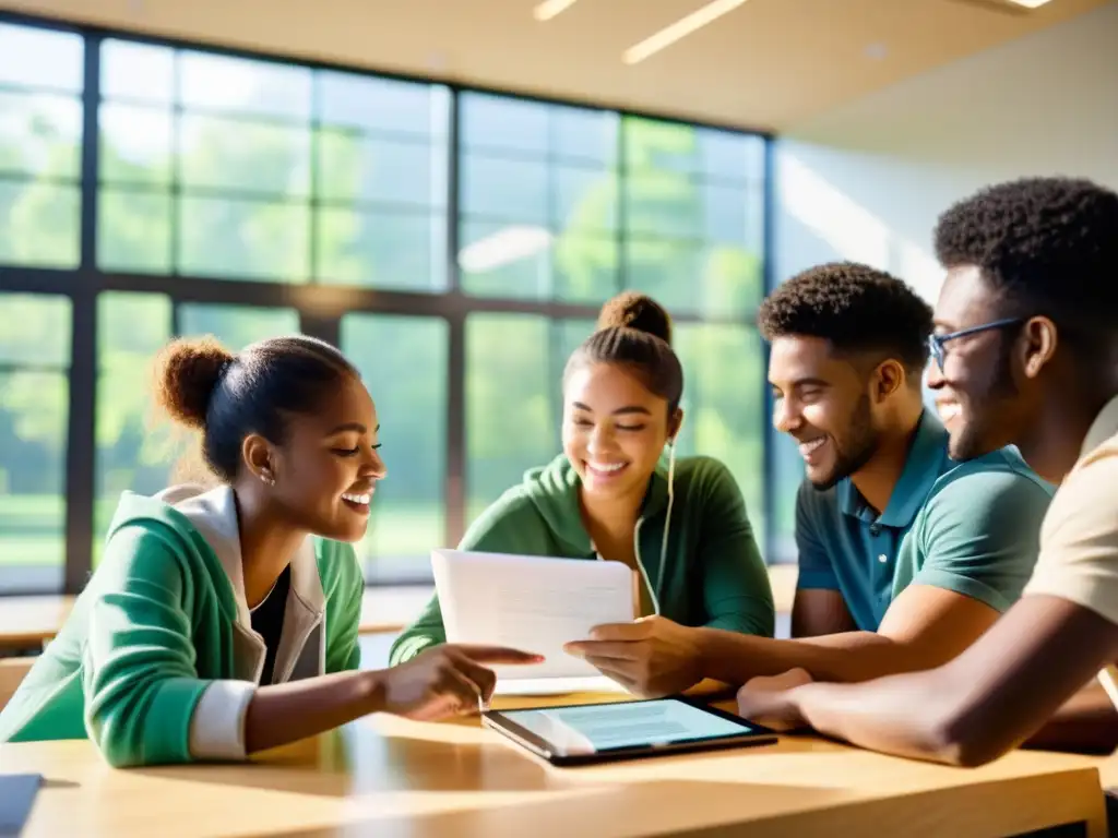 Grupo diverso de estudiantes colaborando en un aula moderna con luz natural, integrando recursos educativos abiertos en LMS de código abierto