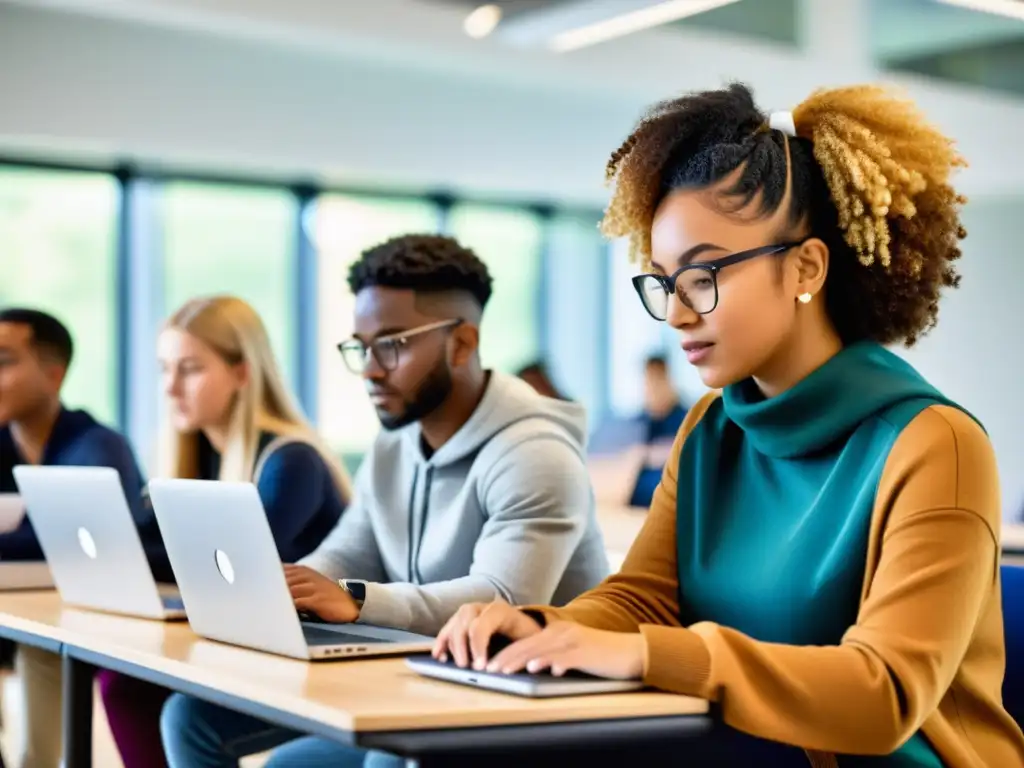 Grupo diverso de estudiantes concentrados trabajando en laptops en un aula moderna y bien iluminada