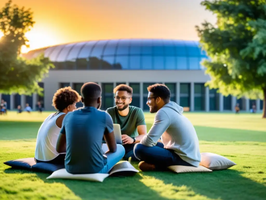 Un grupo diverso de estudiantes discute animadamente sobre el desarrollo de software educativo de código abierto en un campo al atardecer