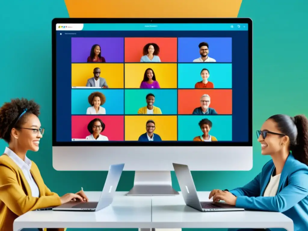 Grupo diverso de estudiantes participando activamente en una emocionante clase virtual