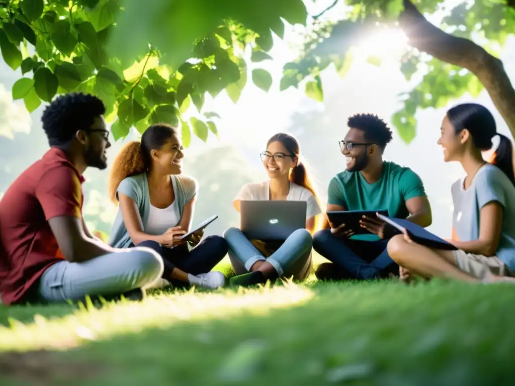 Un grupo diverso de estudiantes entusiasmados discute sobre el Impacto del Software de Código Abierto en un campo verde, rodeados de árboles