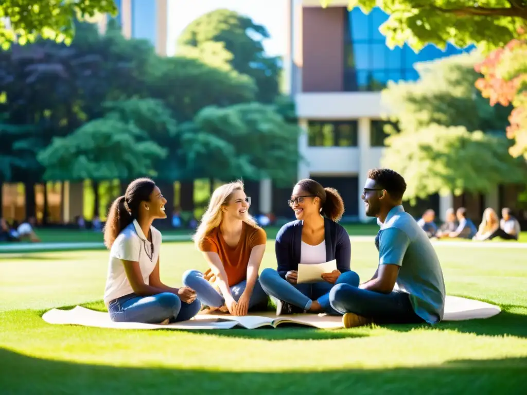 Un grupo diverso de estudiantes intercambia ideas en un campus verde y moderno, integrando recursos educativos abiertos