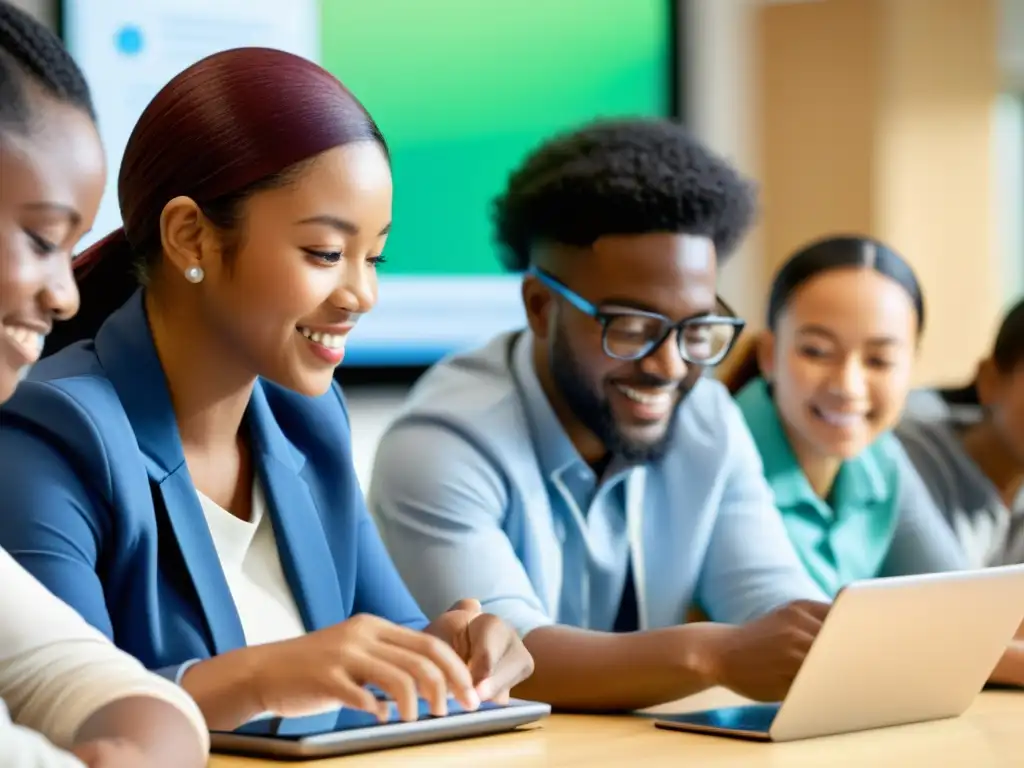 Grupo diverso de estudiantes y profesores colaborando en una aula moderna con tecnología