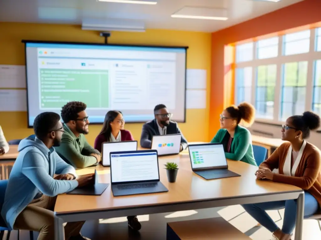 Grupo diverso de estudiantes y profesores colaborando en proyectos de software abierto en un aula moderna, con laptops y tablets en las mesas, pizarrón con diagramas coloridos y luz solar entrando por las ventanas