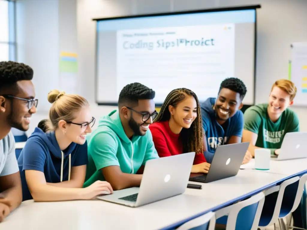 Coding colaborativo: estudiantes innovadores en aula luminosa Grupo diverso de estudiantes colaborando en un proyecto de codificación en un aula moderna y luminosa
