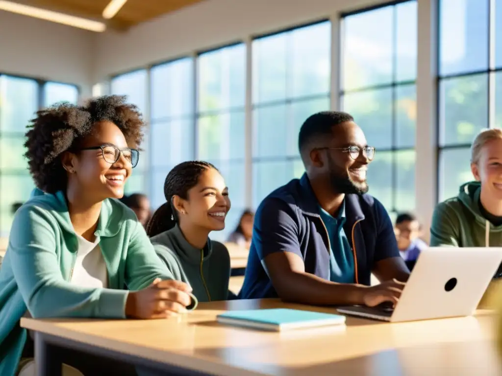 Un grupo diverso de estudiantes colabora en un proyecto de código abierto en un aula moderna y luminosa, llena de herramientas tecnológicas