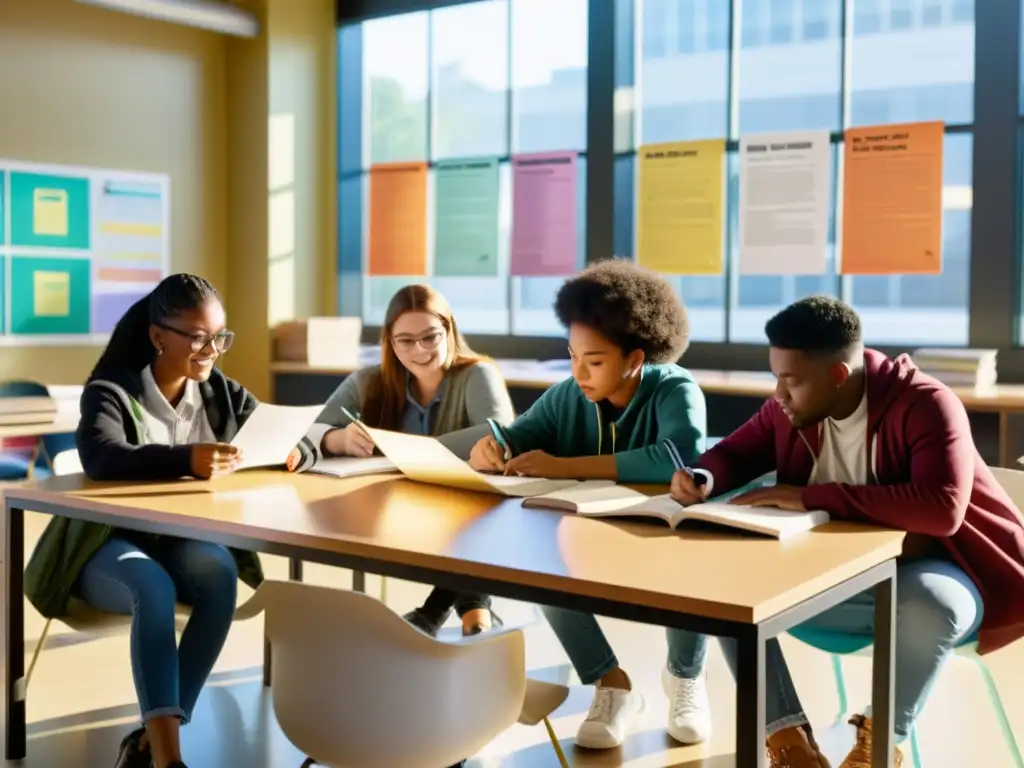 Un grupo diverso de estudiantes colabora en un proyecto en un aula moderna, con luz natural que crea un ambiente cálido y acogedor