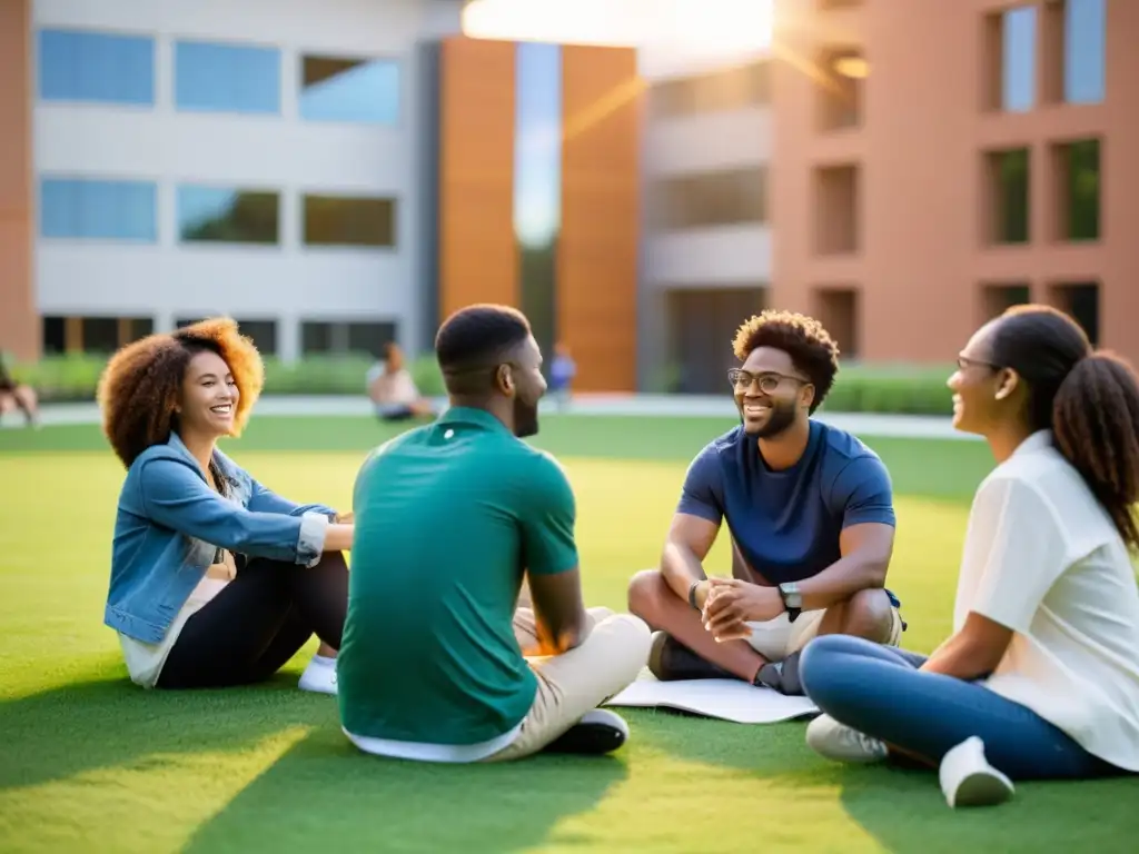 Grupo diverso de estudiantes colaborando en un proyecto en un campus, rodeados de arquitectura moderna y tecnología, con un cálido atardecer