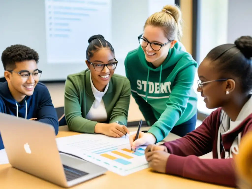 Grupo diverso de estudiantes colaborando en proyecto de código abierto en la universidad, fomentando la innovación y el trabajo en equipo