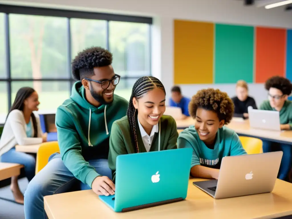 Un grupo diverso de estudiantes colabora en un proyecto de codificación utilizando software de código abierto en un aula moderna y luminosa