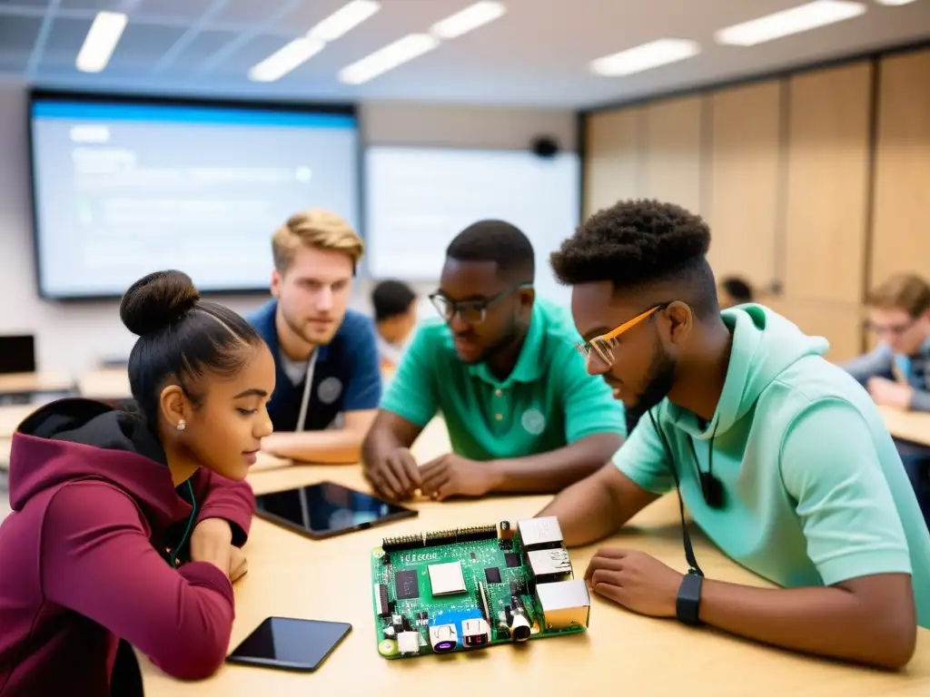 Grupo diverso de estudiantes colaborando en proyectos de código abierto en Raspberry Pi en un aula moderna y luminosa