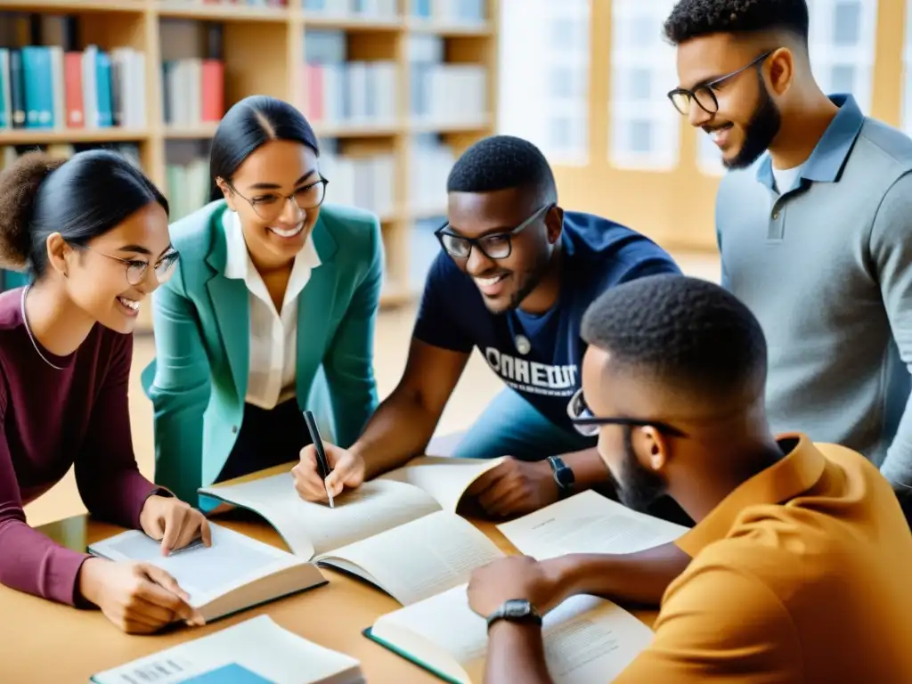 Grupo diverso de estudiantes universitarios colaborando con libros de código abierto, reflejando la importancia en la educación superior