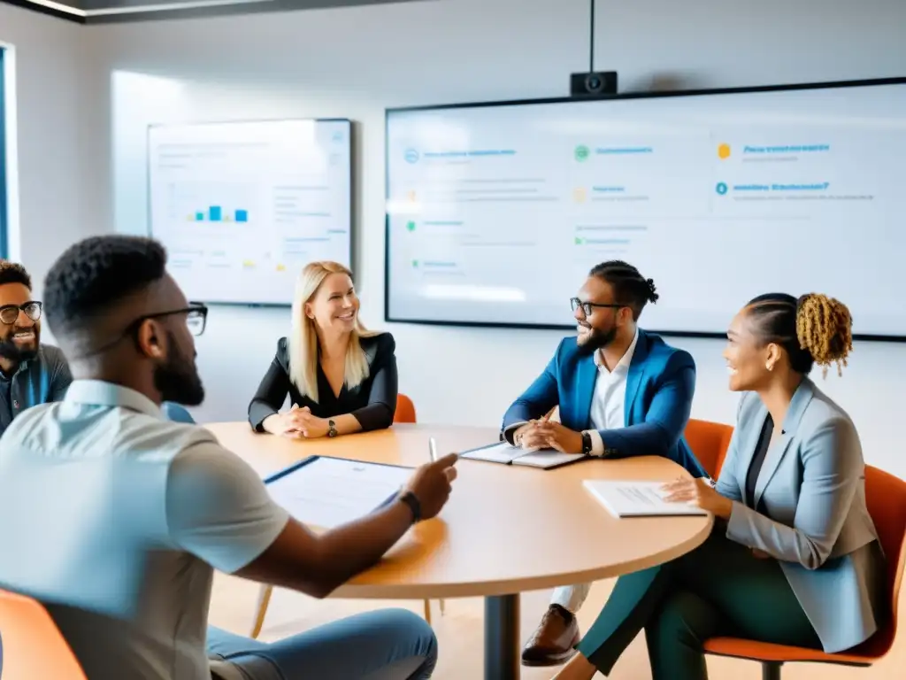 Grupo diverso debatiendo ética en la creación de IA con Software Abierto en sala moderna llena de luz natural y colaboración