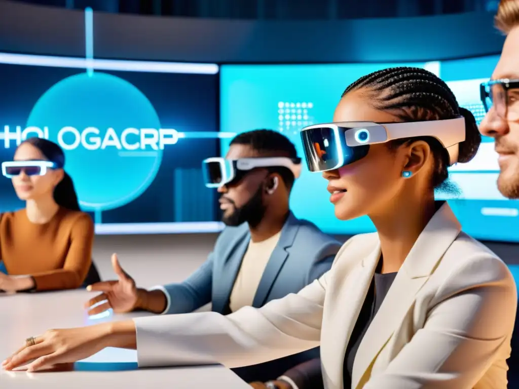 Un grupo diverso usa gafas de realidad aumentada en un espacio de trabajo futurista con código y algoritmos AI