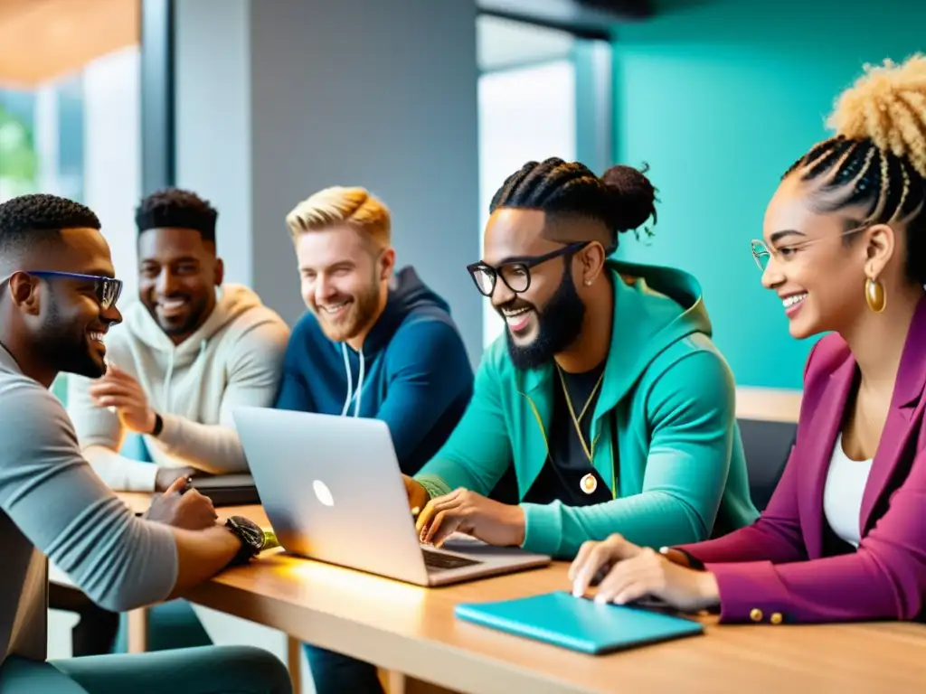 Colaboración inclusiva en marketing digital con herramientas abiertas Grupo diverso usando herramientas open source en un espacio inclusivo y colorido