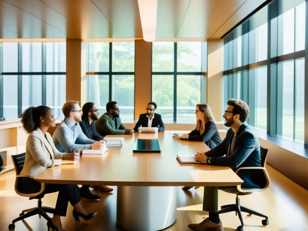 Un grupo diverso de individuos discute animadamente en una moderna y luminosa sala de conferencias