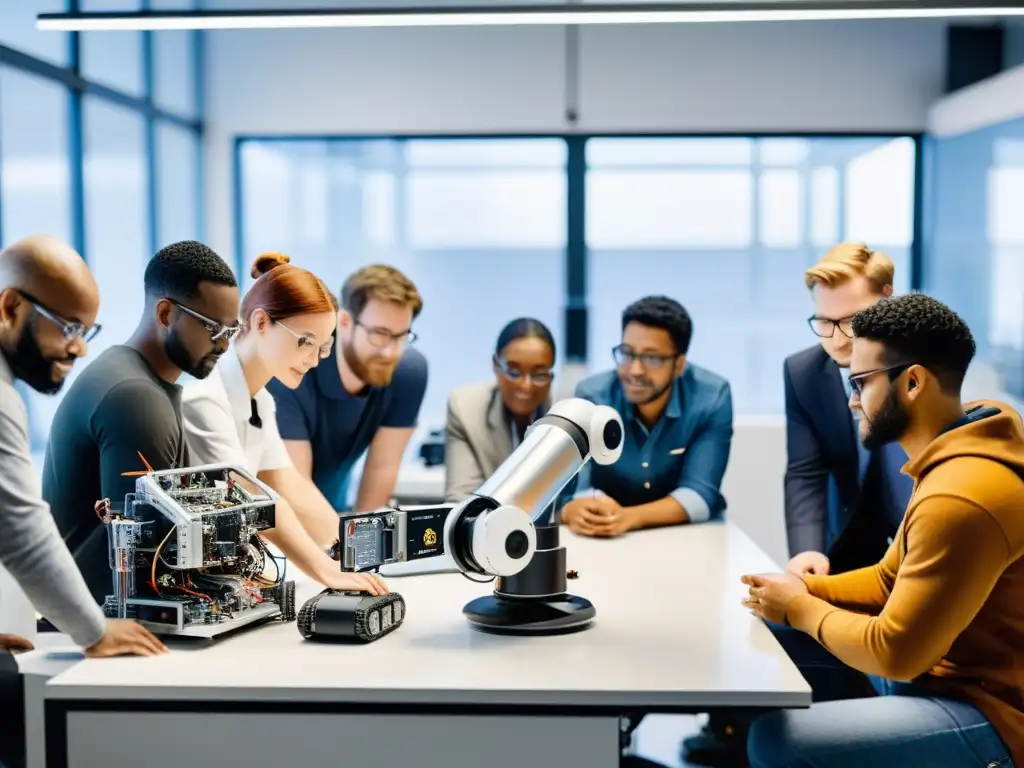 Un grupo diverso de ingenieros robóticos colabora en un emocionante proyecto de robótica de código abierto en un laboratorio moderno y elegante