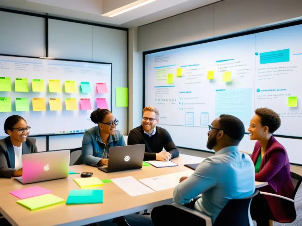 Grupo diverso inmerso en la innovación colaborativa en hackathons, discutiendo ideas en un ambiente creativo y lleno de energía