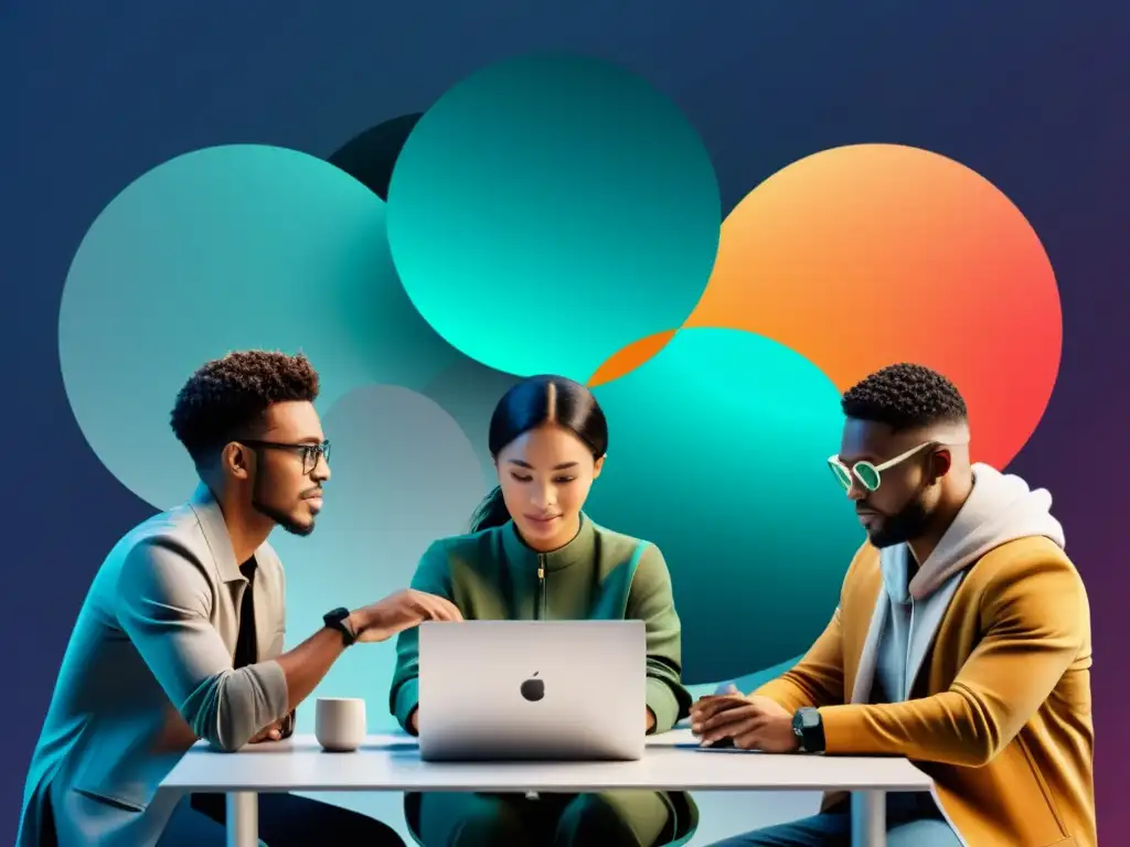 Interfaz digital inclusiva: Futuro del marketing Un grupo diverso interactúa con herramientas open source accesibles en una atmósfera futurista de innovación y inclusividad
