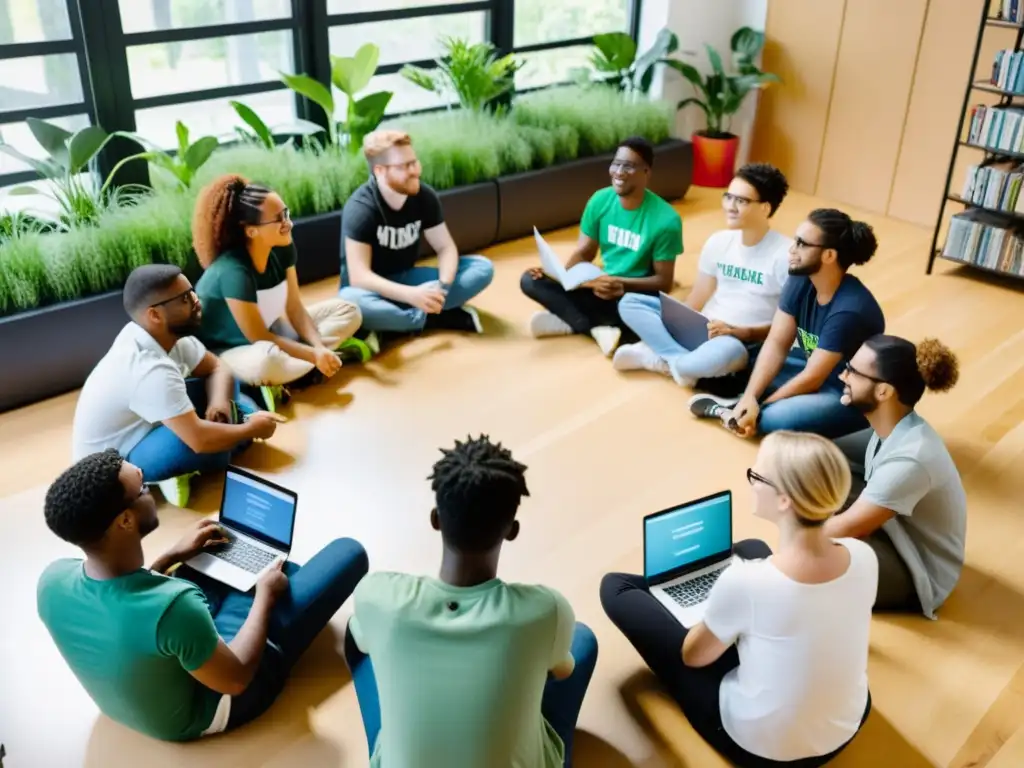 Un grupo diverso de jóvenes participa en un animado taller de código abierto rodeados de laptops y libros de programación