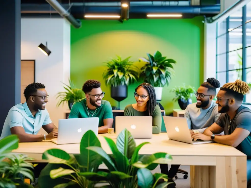 Un grupo diverso de jóvenes colabora en un proyecto de software de código abierto para principiantes en un moderno espacio de coworking, rodeado de plantas verdes y tecnología de vanguardia, creando una atmósfera de creatividad e innovación