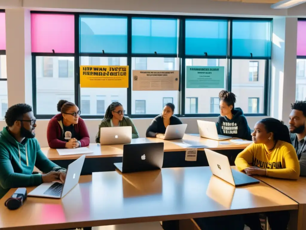 Un grupo diverso se reúne alrededor de una mesa llena de laptops y papeles