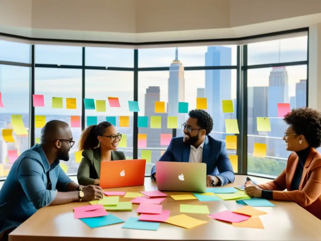 Un grupo diverso colabora en una mesa llena de notas de colores, bocetos y laptops