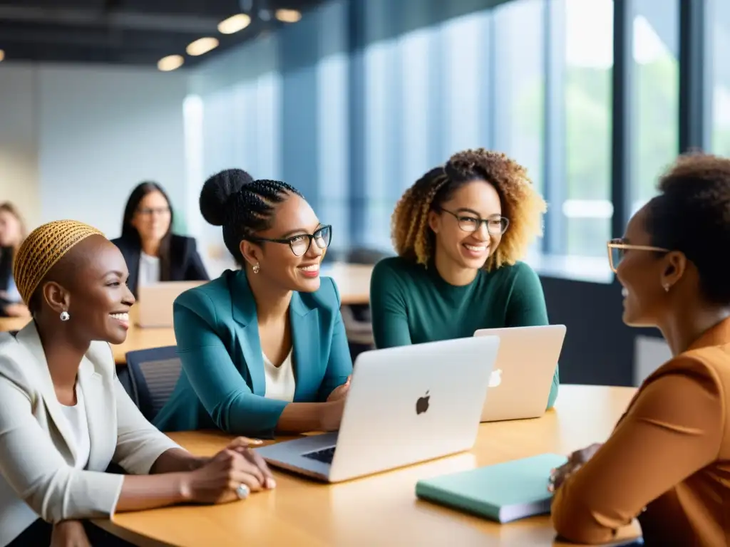 Mujeres líderes en proyectos open source: trabajo en equipo y dedicación Grupo diverso de mujeres en una animada discusión sobre proyectos de código abierto, reflejando liderazgo y trabajo femenino en código abierto