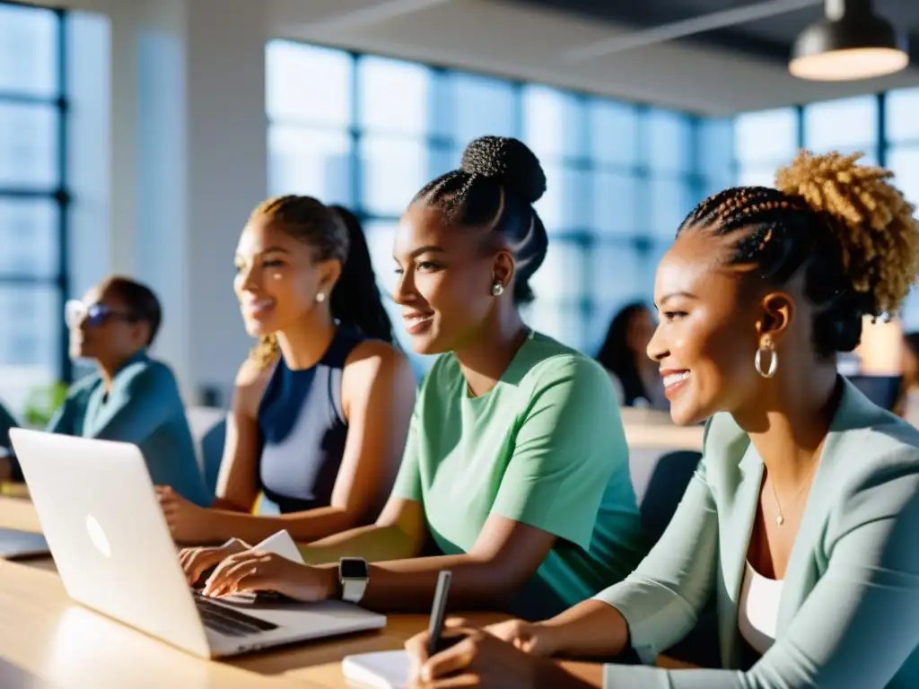 Grupo diverso de mujeres empoderadas trabajando en proyectos de codificación en una oficina de concepto abierto