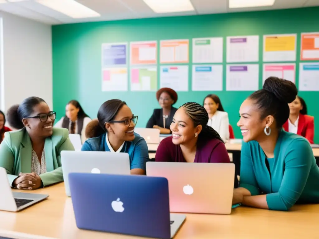 Un grupo diverso de mujeres empoderadas participando en una animada discusión en un aula iluminada, rodeadas de laptops y material educativo