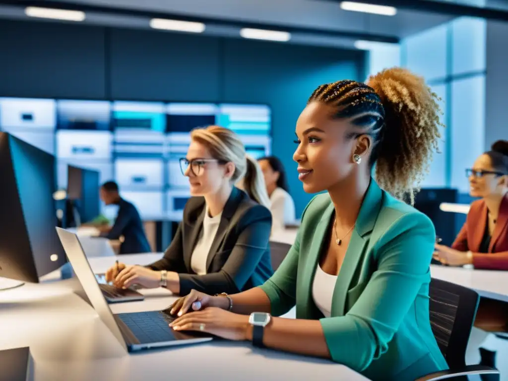 Mujeres profesionales en colaboración: programación y tecnología Un grupo diverso de mujeres colabora en un espacio de oficina moderno, programando y discutiendo ideas innovadoras, rodeadas de tecnología futurista