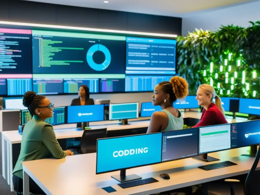 Grupo diverso de mujeres colaborando en un espacio de código abierto, rodeadas de tecnología futurista y visualizaciones de datos