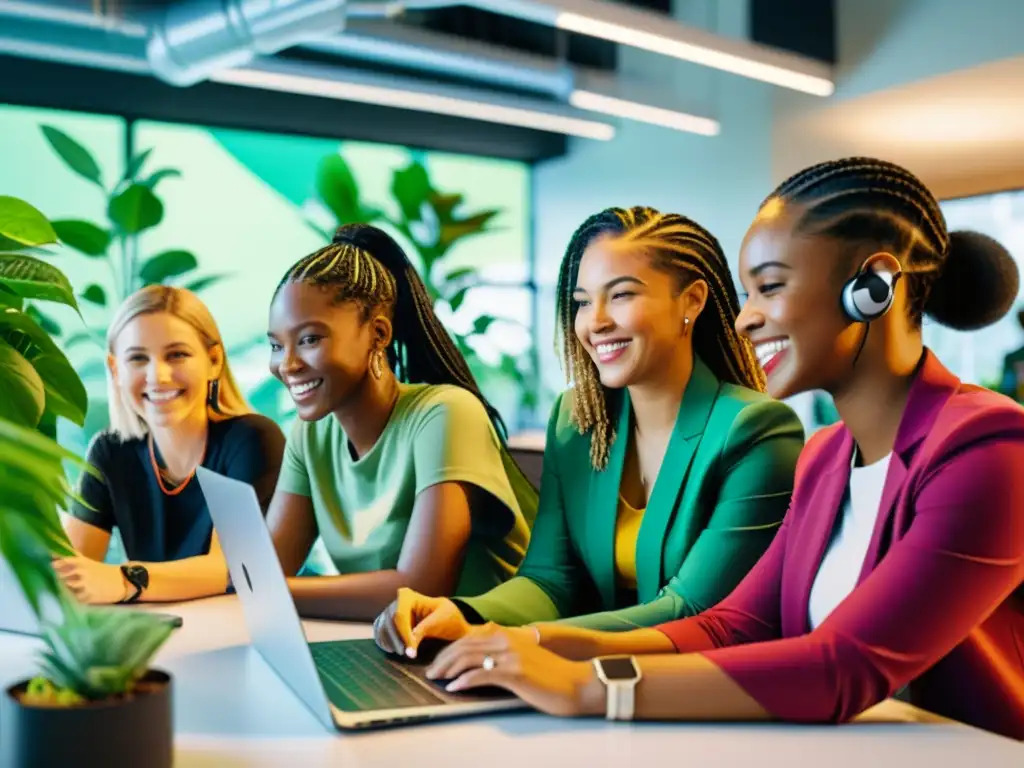 Grupo diverso de mujeres trabajando juntas en proyectos de codificación en un espacio tecnológico moderno y luminoso