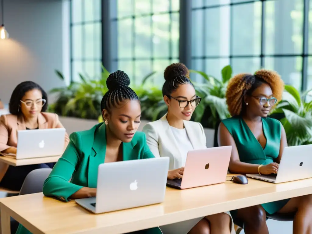 Grupo diverso de mujeres codificando juntas en un espacio tecnológico moderno y luminoso