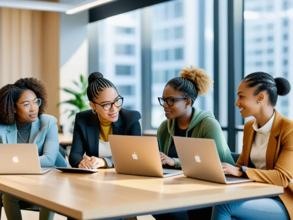 Mujeres apasionadas creando juntas en un espacio inclusivo Grupo diverso de mujeres codificando apasionadamente en una oficina contemporánea llena de luz natural, colaborando y apoyándose mutuamente