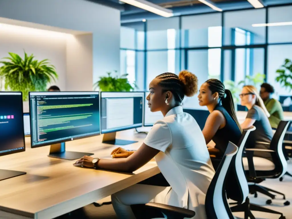 Grupo diverso de mujeres en oficina tecnológica moderna, colaborando y discutiendo ideas innovadoras, cerrando la brecha de género en tecnología