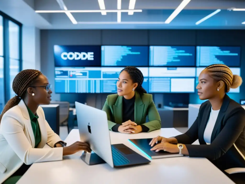 Grupo diverso de mujeres en una oficina de tecnología moderna, trabajando juntas en proyectos de codificación y programación