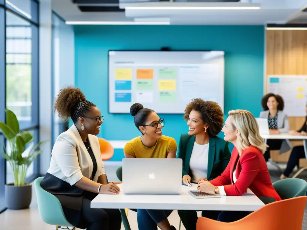 Grupo diverso de mujeres en una oficina moderna, colaborando en un proyecto de startups tecnológicas, con laptops y pizarrón