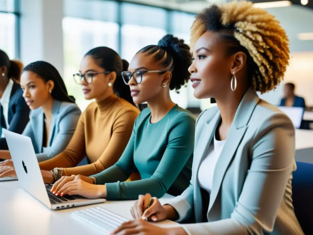 Un grupo diverso de mujeres colabora en un proyecto de codificación en un espacio de oficina moderno y luminoso