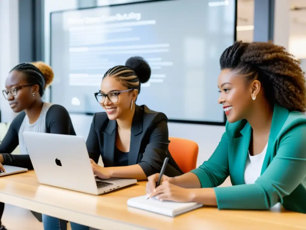 Grupo diverso de mujeres trabajando en proyectos de código en un espacio de oficina luminoso y abierto