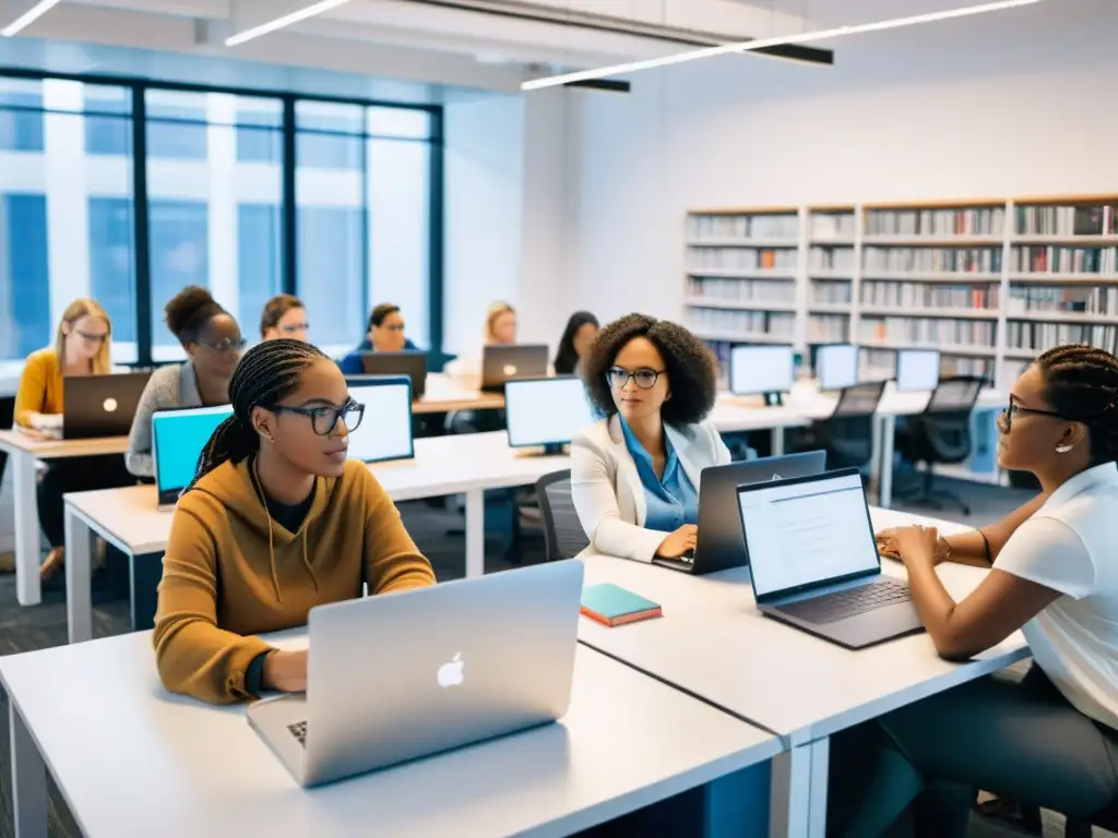 Colaboración femenina en proyectos de código abierto Un grupo diverso de mujeres colabora en proyectos de código abierto en un espacio de oficina moderno y vibrante