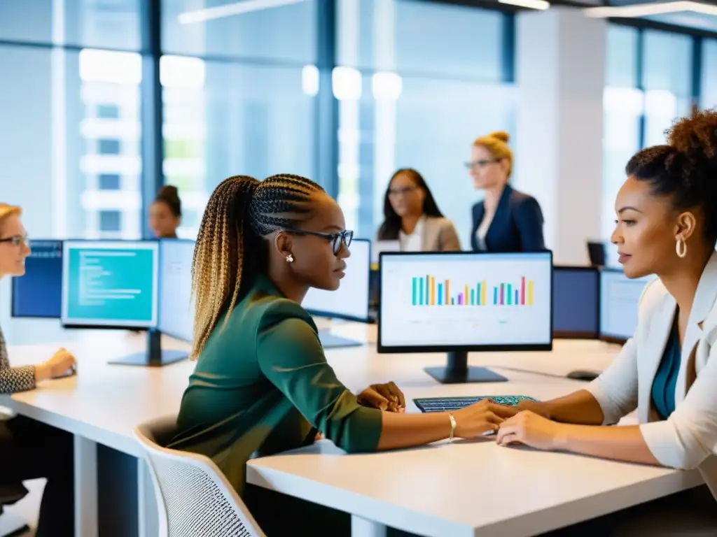 Grupo diverso de mujeres colaborando en proyectos de codificación en una oficina moderna de concepto abierto