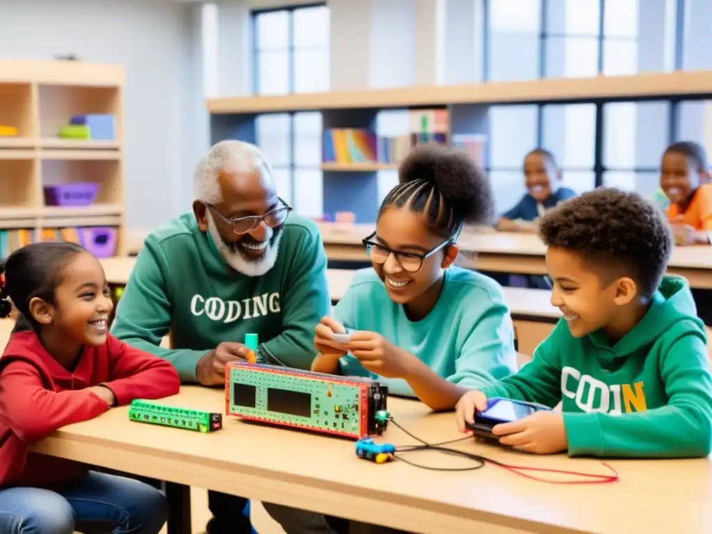 Grupo diverso de niños se divierten con kits de código abierto para educación, aprendiendo juntos en un ambiente inclusivo y moderno