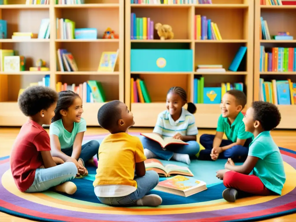 Grupo diverso de niños disfrutando de libros de código abierto para niños en un círculo animado, rodeados de colores y aprendizaje