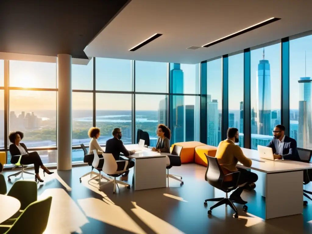 Grupo diverso colaborando en oficina moderna con tecnología de vanguardia y vista a la ciudad