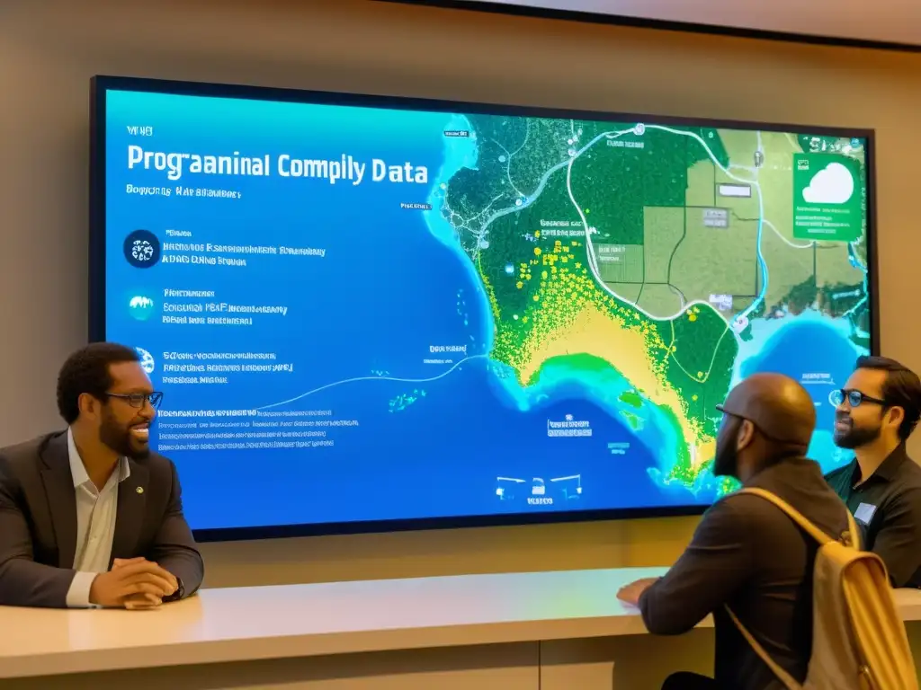 Un grupo diverso se reúne alrededor de una pantalla digital mostrando datos ambientales y planes de proyectos de código abierto para el medio ambiente