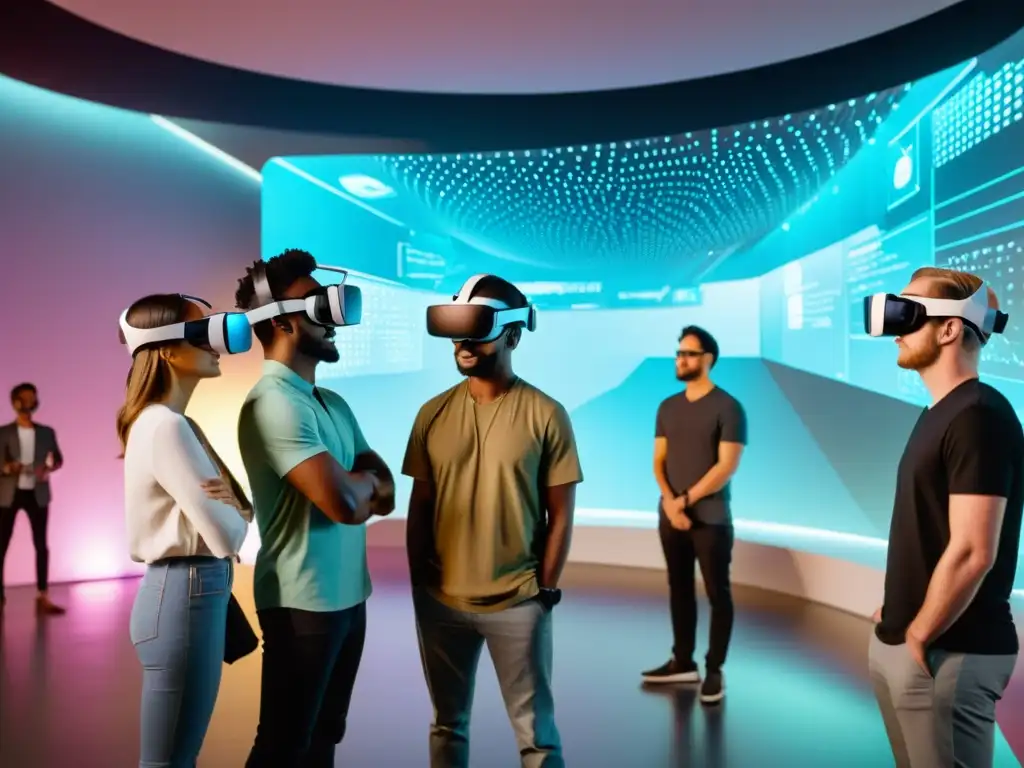 Colaboración creativa en entorno virtual: innovación y código Un grupo diverso de personas usa auriculares de realidad virtual en un espacio futurista lleno de proyecciones holográficas y código