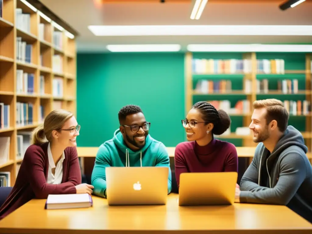 Un grupo diverso de personas crea una colección de libros sobre software libre en una acogedora biblioteca llena de luz cálida y estanterías coloridas