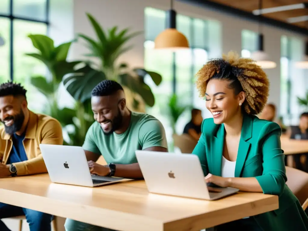 Un grupo diverso de personas colabora en computadoras y tabletas en un espacio de coworking moderno y luminoso, rodeado de plantas y luz natural